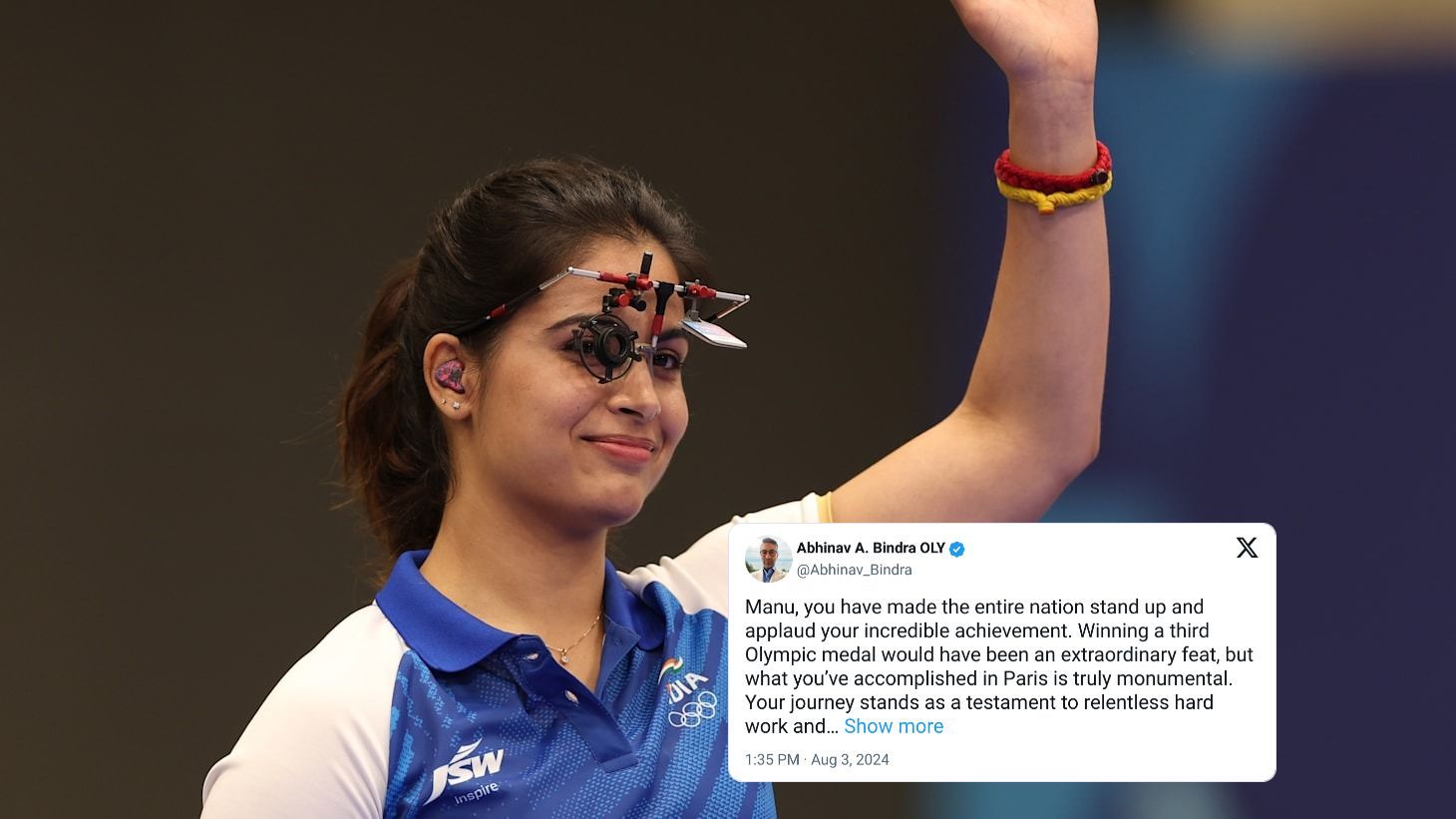 Manu Bhaker at the Paris 2024 Olympics (Images via Olympics.com and X@Abhinav_Bindra)