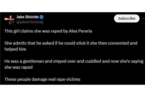 Shields' post regarding the allegations involving Pereira [Image courtesy: @jakeshieldsajj - X]