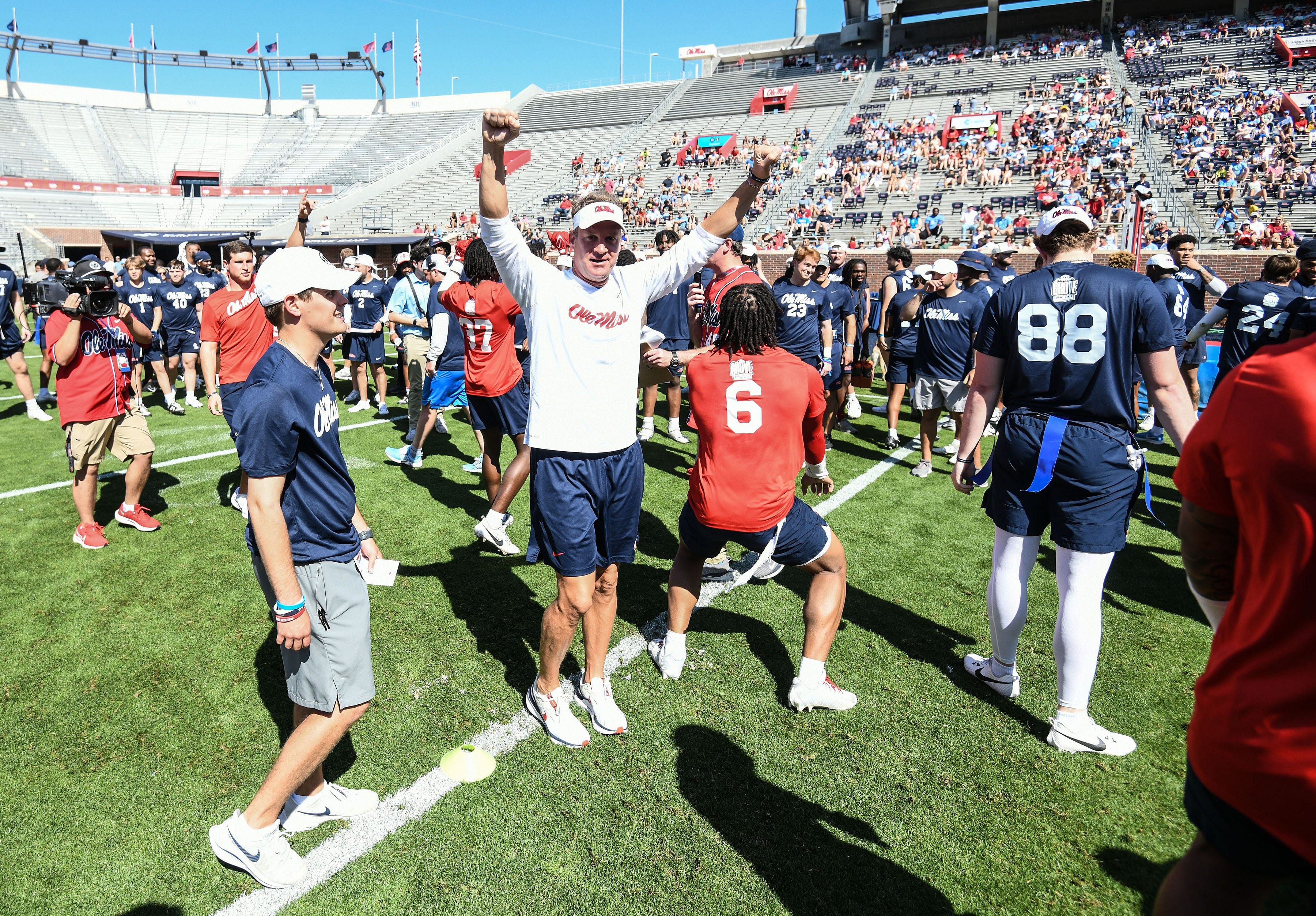 Ole Miss head coach Lane Kiffin reacts during the Ole Miss Grove Bowl Games at Vaught-Hemingway Stadium in Oxford, Miss., on Saturday, Apr. 13, 2024. | Photo: Imagn