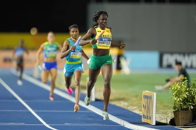 May 5, 2024; Nassau, Bahamas; Junelle Bromfield runs the anchor leg on Jamaica women