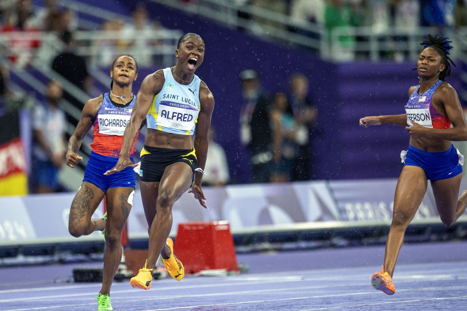 Julien Alfred celebrates her 100m gold at the Paris Olympics (Source: Getty)