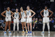New York Liberty guards Betnijah Laney-Hamilton (44), Sabrina Ionescu (20), forwards Leonie Fiebich (13), Breanna Stewart (30) and center Jonquel Jones (35) at UBS Arena. Photo Credit: Imagn