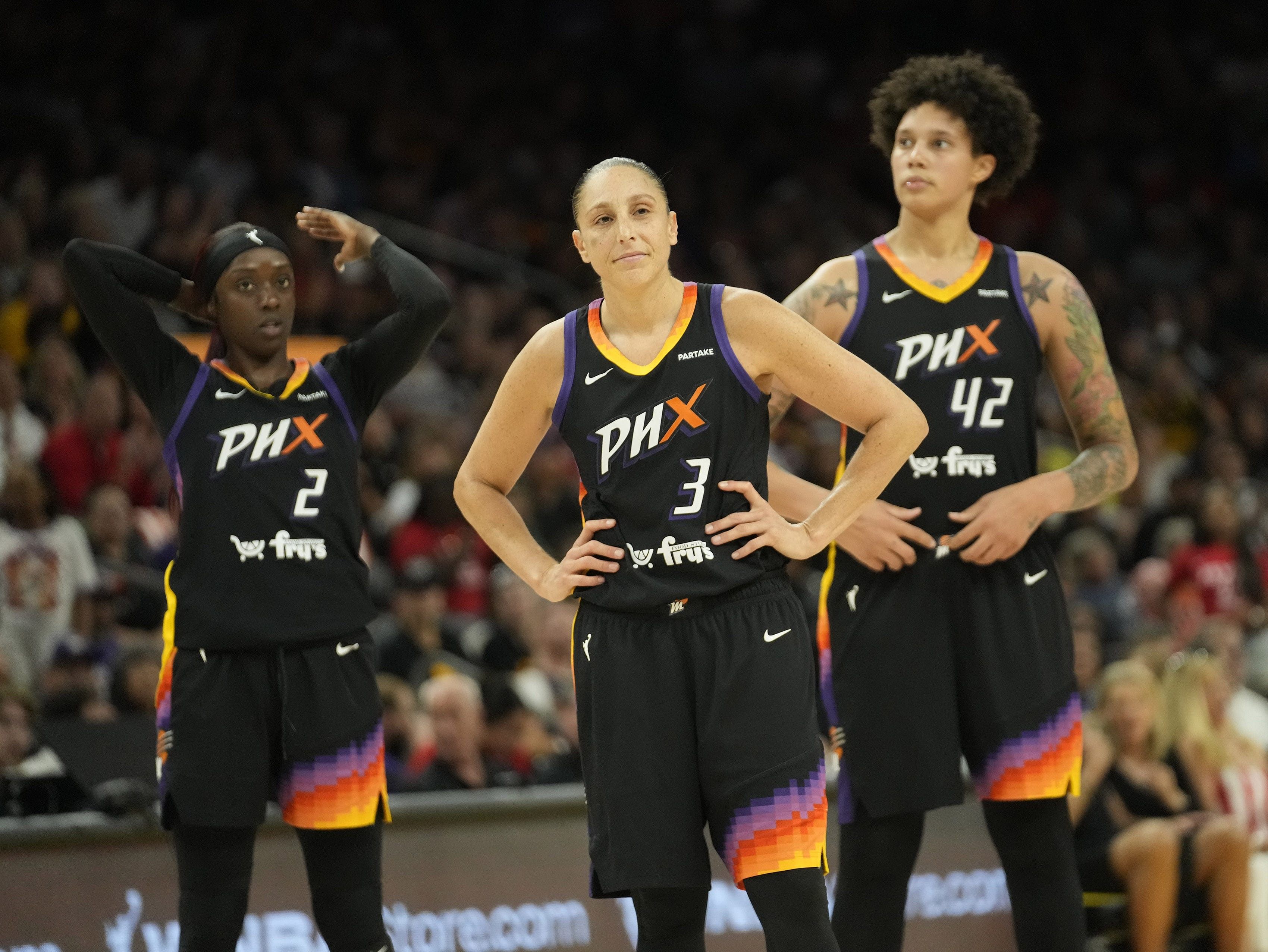 Phoenix Mercury guards Kahleah Copper and Diana Taurasi and center Brittney Griner against the Indiana Fever at Footprint Center. Photo Credit: Imagn