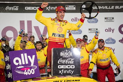 NASCAR Cup Series driver Joey Logano celebrates winning the Ally 400 at Nashville Superspeedway in Lebanon, Tenn., in June 2024. Source: Imagn