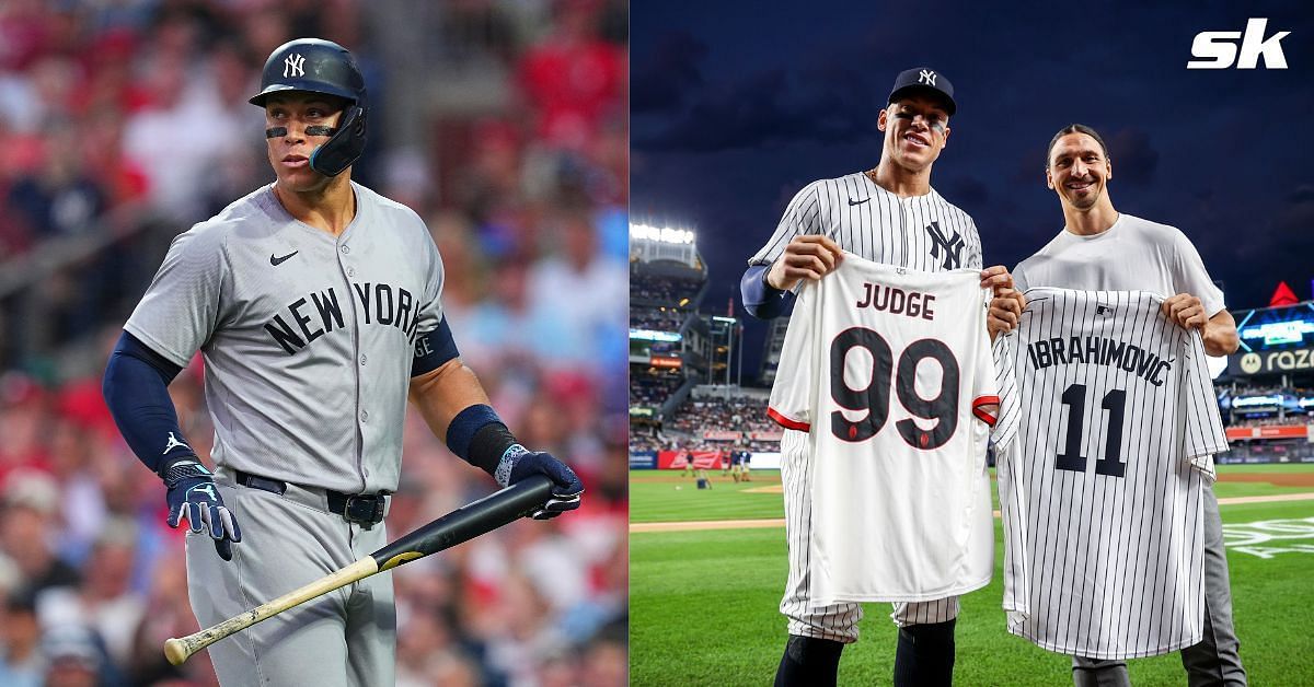 Aaron Judge exchanges jerseys with soccer legend Zlatan Ibrahimovic (Source: Getty, X.com/@Yankees)