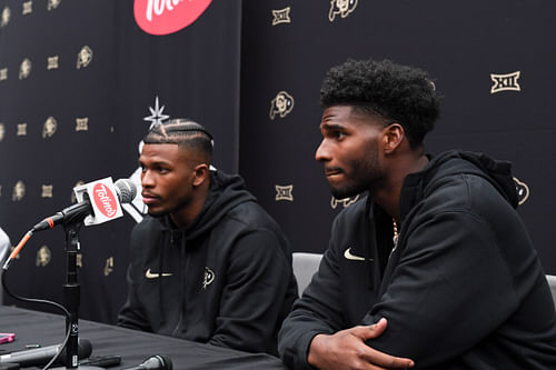 Colorado Buffaloes safety Shilo Sanders and quarterback Shedeur Sanders speak to the media. Mandatory Credit: Candice Ward-USA TODAY Sports, IMAGN