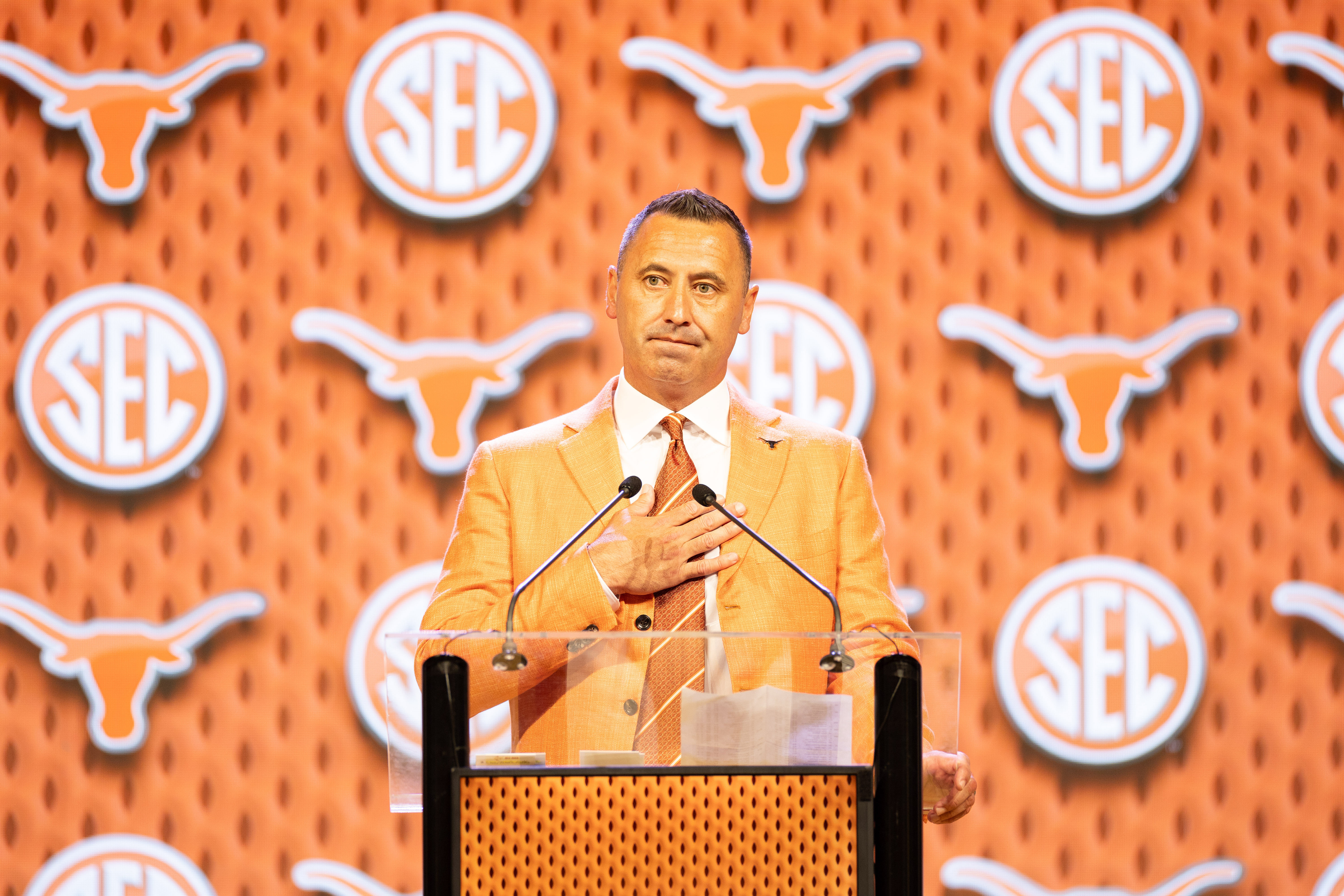 Steve Sarkisian and Texas are in a new league but have a battle with Oklahoma in one of college football&#039;s top rivalries. (Photo Credit: IMAGN)