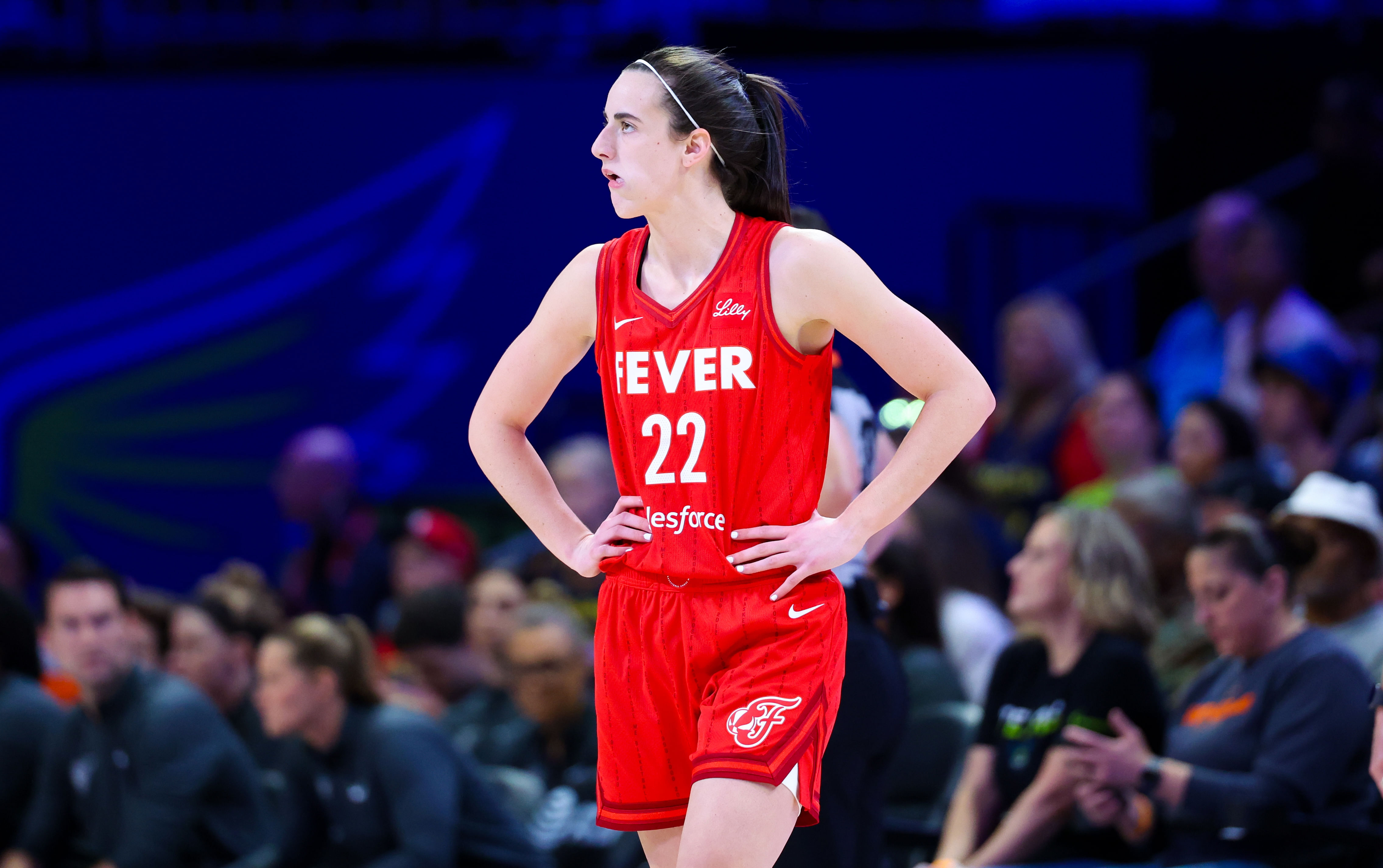 Indiana Fever guard Caitlin Clark reacts during the game against the Dallas Wings at College Park Center. Photo Credit: Imagn