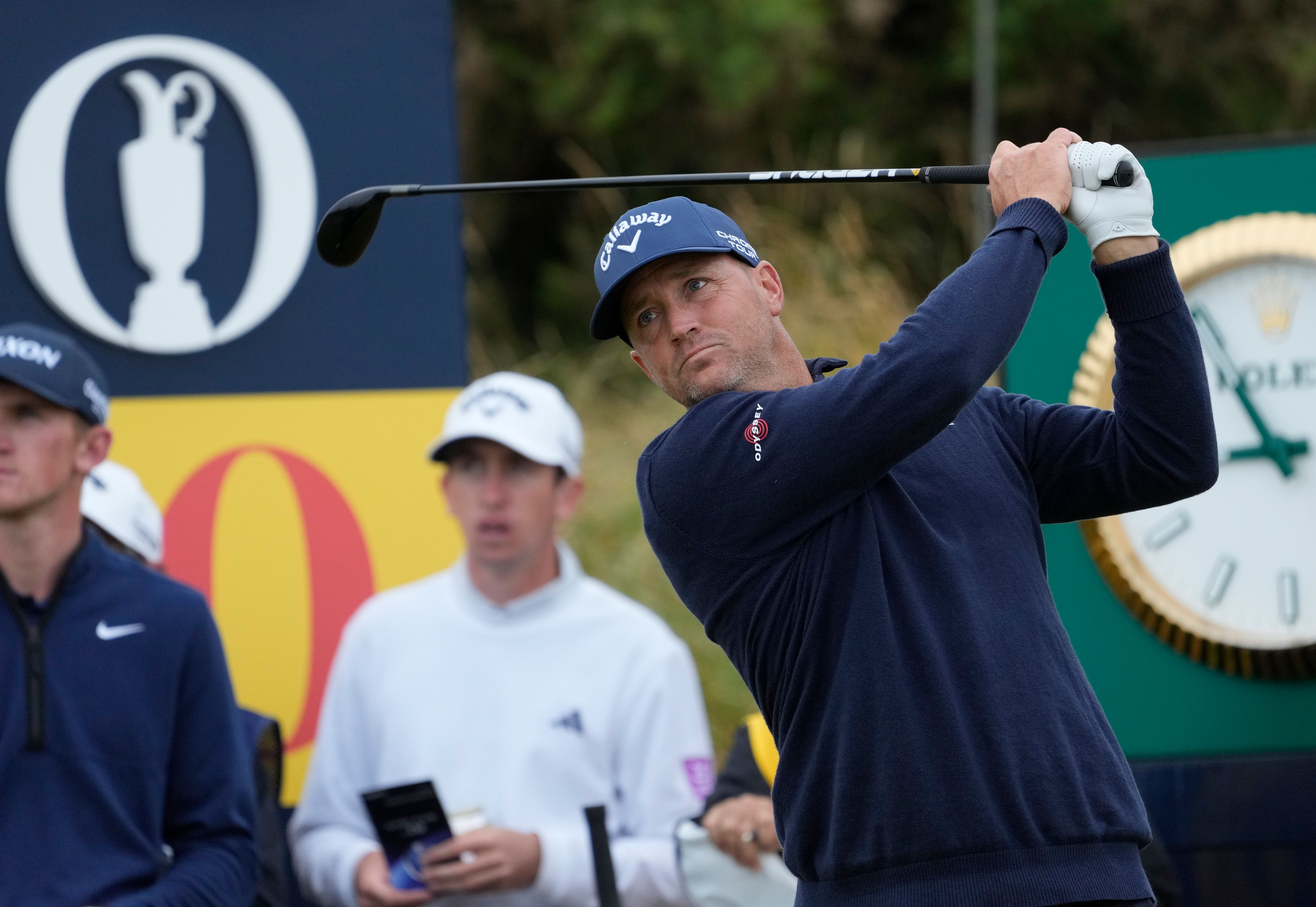 Alex Noren hits his tee shot on the 10th hole during the first round of the Open Championship (Photo via IMAGN)