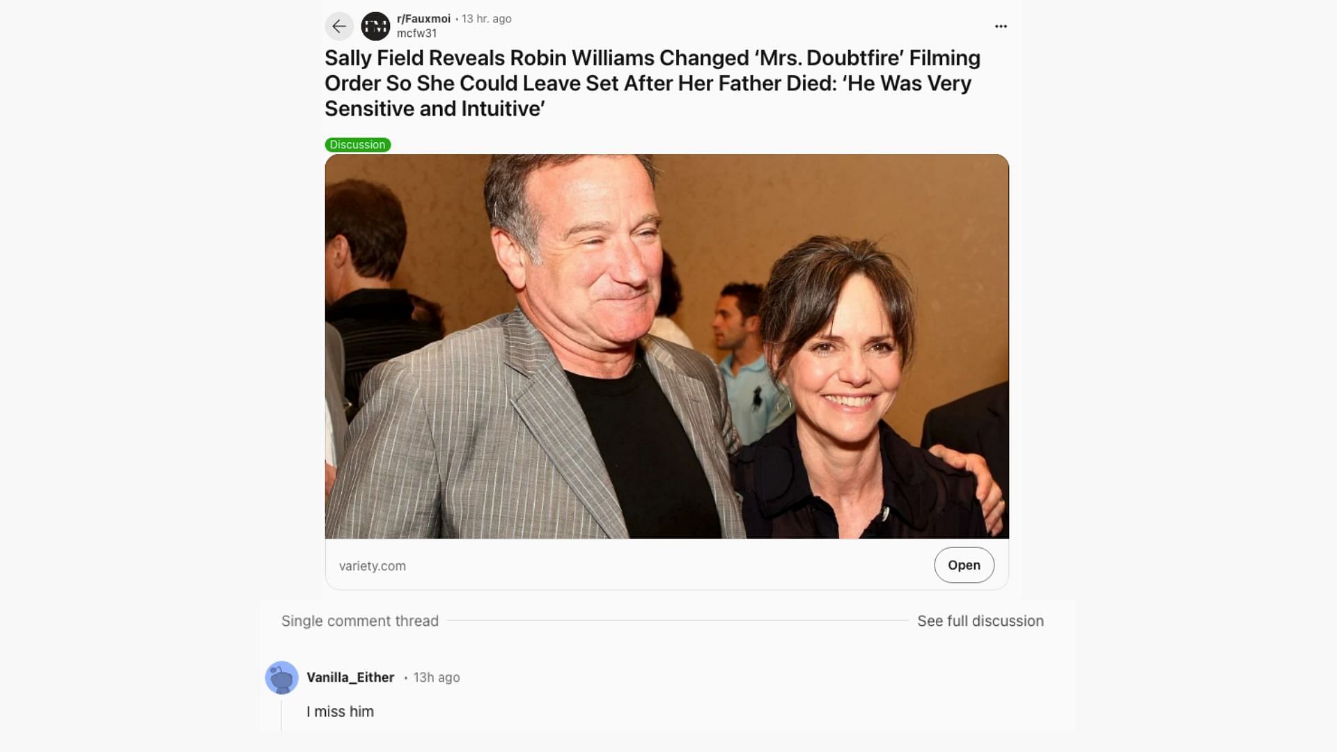 A fan reacts to Sally Field&#039;s Robin Williams memory (Image via @vanilla_either/ Reddit)