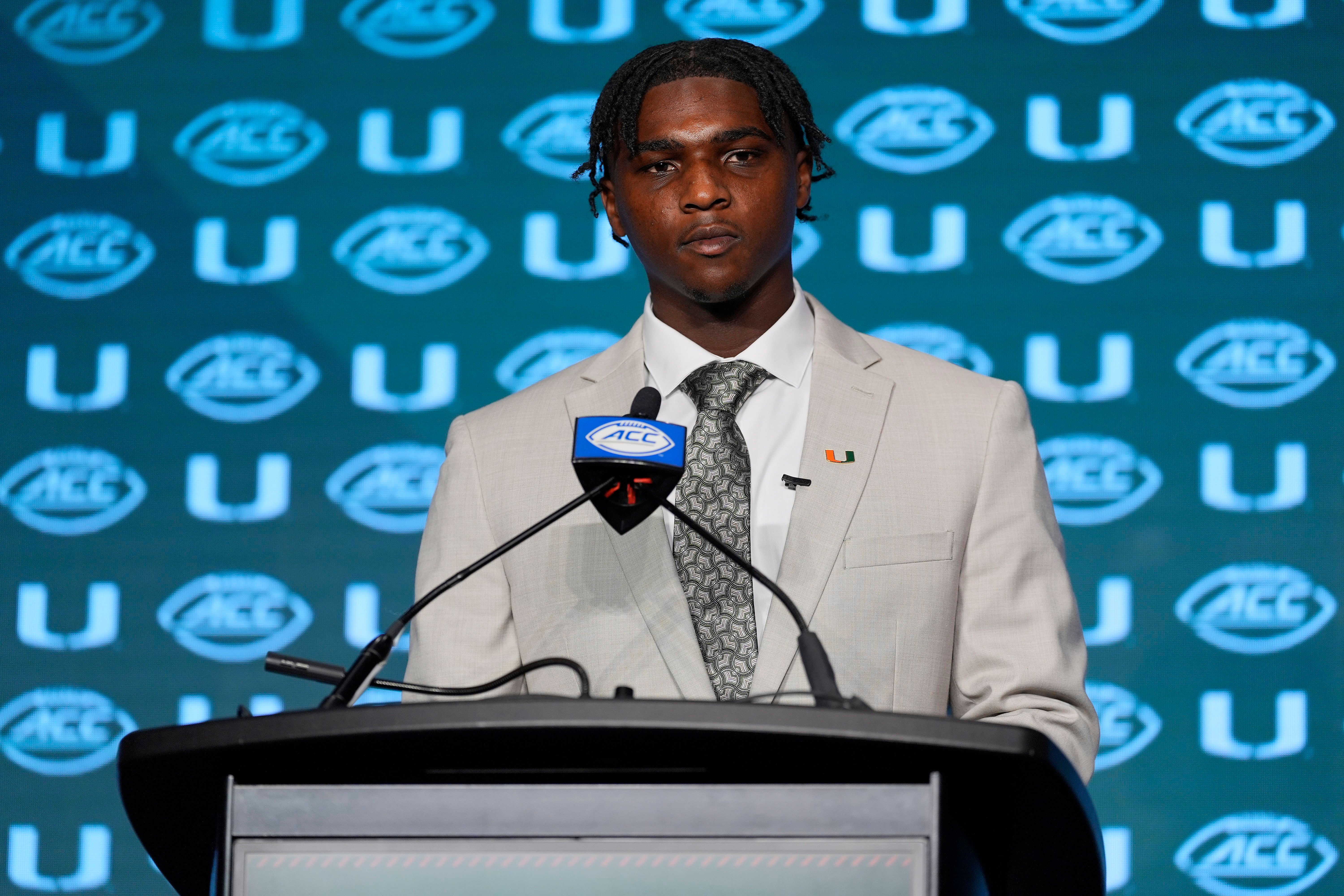 Miami Hurricanes quarterback Cam Ward speaks to the media during the ACC Kickoff - Source: Imagn