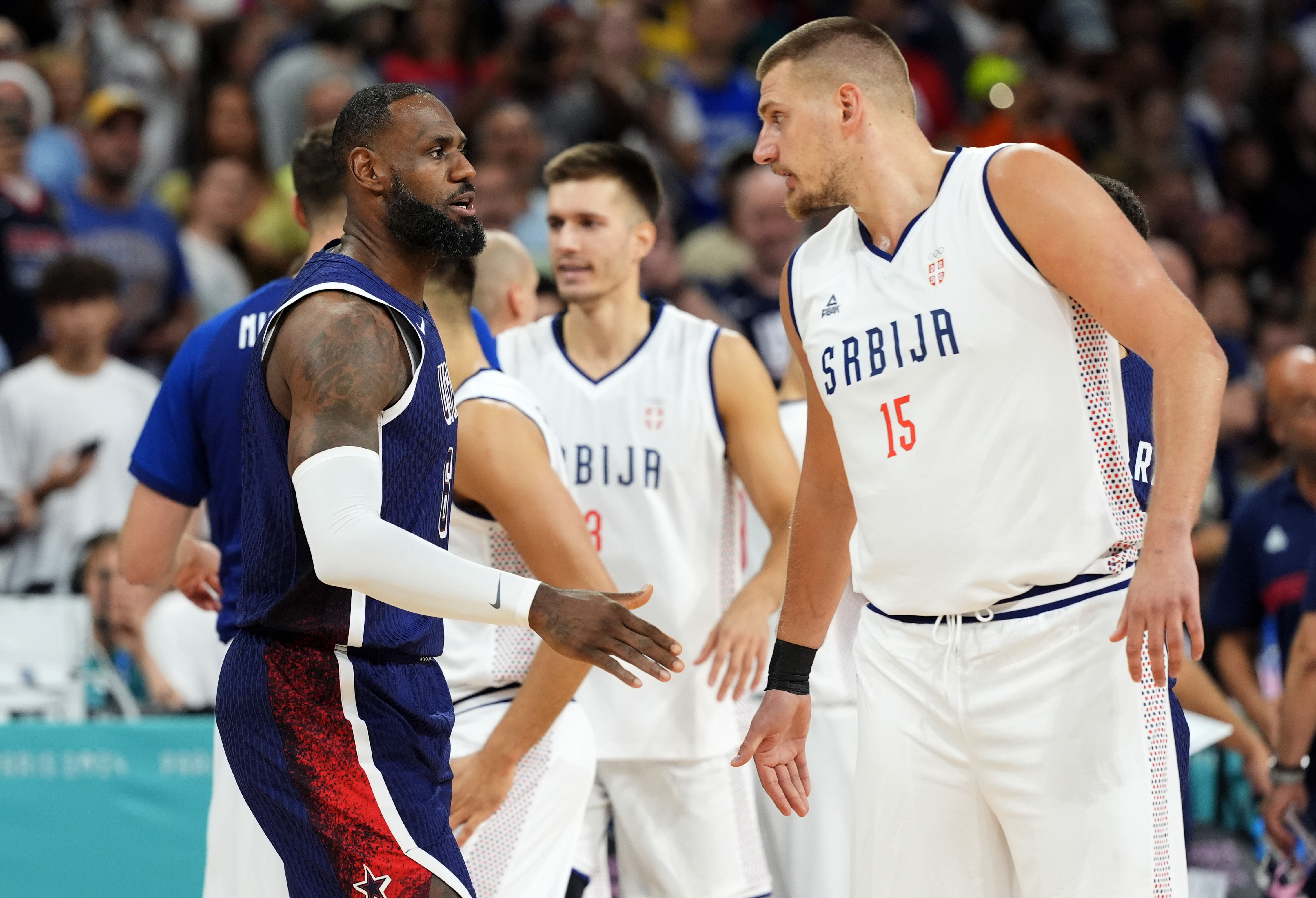 United States guard Lebron James and Serbia power forward Nikola Jokic before at the Paris 2024 Olympic Summer Games. Photo Credit: Imagn