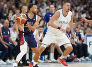 United States shooting guard Steph Curry passes against Serbia in the Olympics basketball event at Stade Pierre-Mauroy. Photo Credit: Imagn