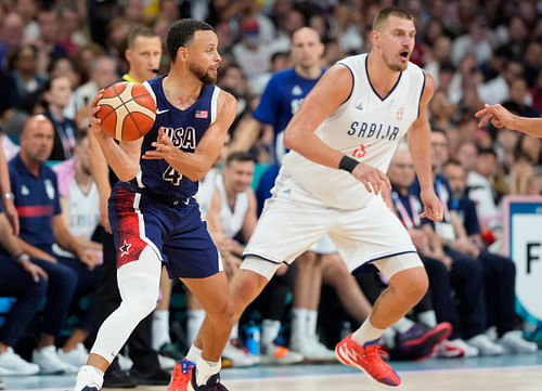 United States shooting guard Steph Curry passes against Serbia in the Olympics basketball event at Stade Pierre-Mauroy. Photo Credit: Imagn