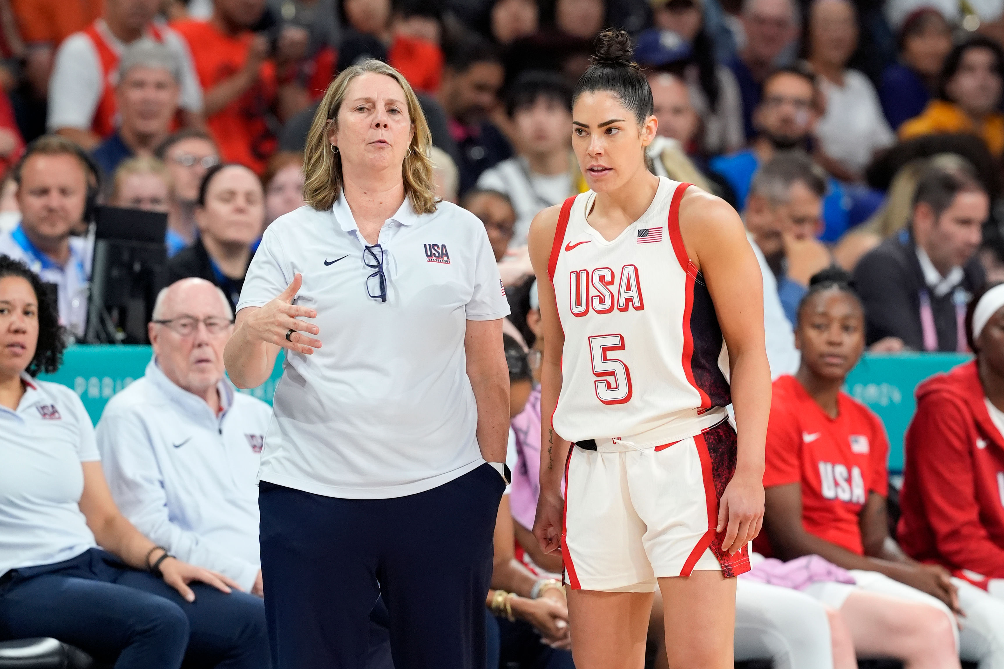 United States head coach Cheryl Reeve talks with guard Kelsey Plum against Japan during the Paris 2024 Olympic Summer Games. Credit: Imagn