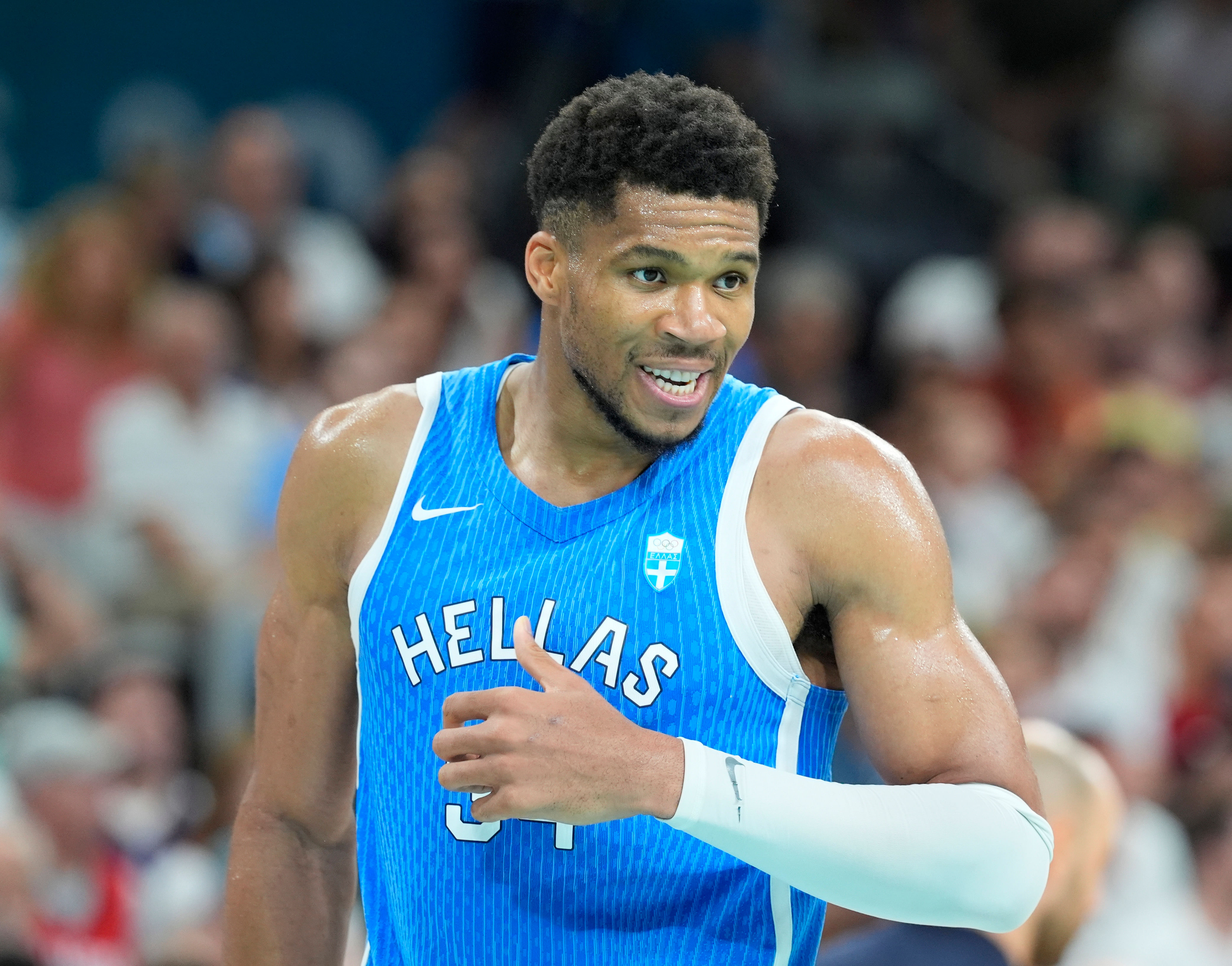 Greece forward Giannis Antetokounmpo reacts against Spain in a men&#039;s Olympics basketball tournament at Stade Pierre-Mauroy (image credit: Imagn)