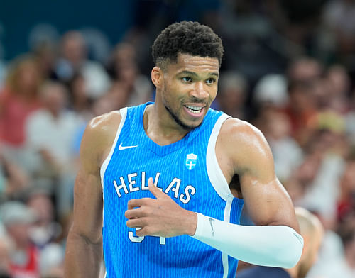 Greece forward Giannis Antetokounmpo reacts against Spain in a men's Olympics basketball tournament at Stade Pierre-Mauroy (image credit: Imagn)