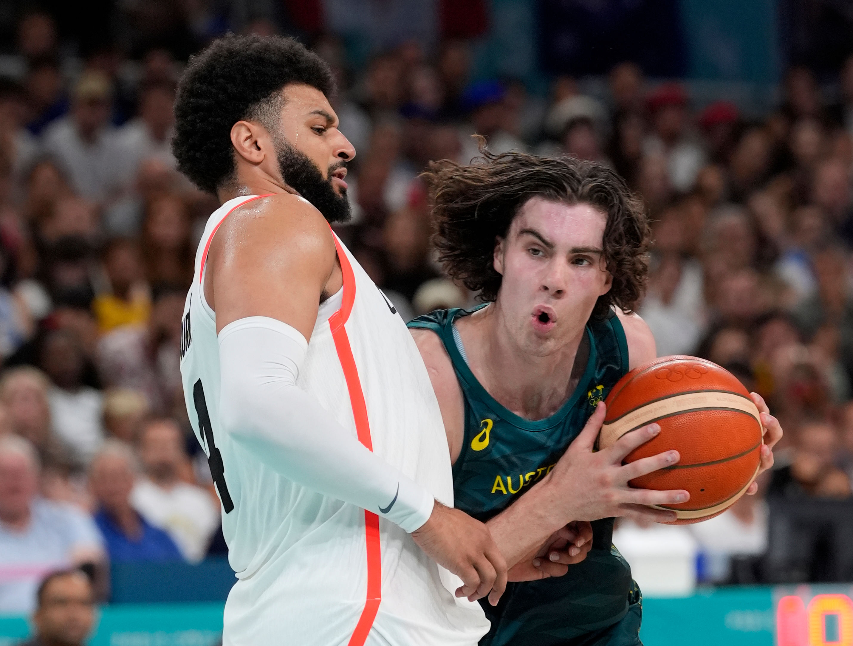 Australia guard Josh Giddey drives against Canada during the Paris 2024 Olympics basketball event at Stade Pierre-Mauroy (Photo Credit: Imagn)