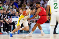 Brazil shooting guard Vitor Benite drives to the basket against Germany at the Paris Olympics basketball event at Stade Pierre-Mauroy. Photo Credit: Imagn