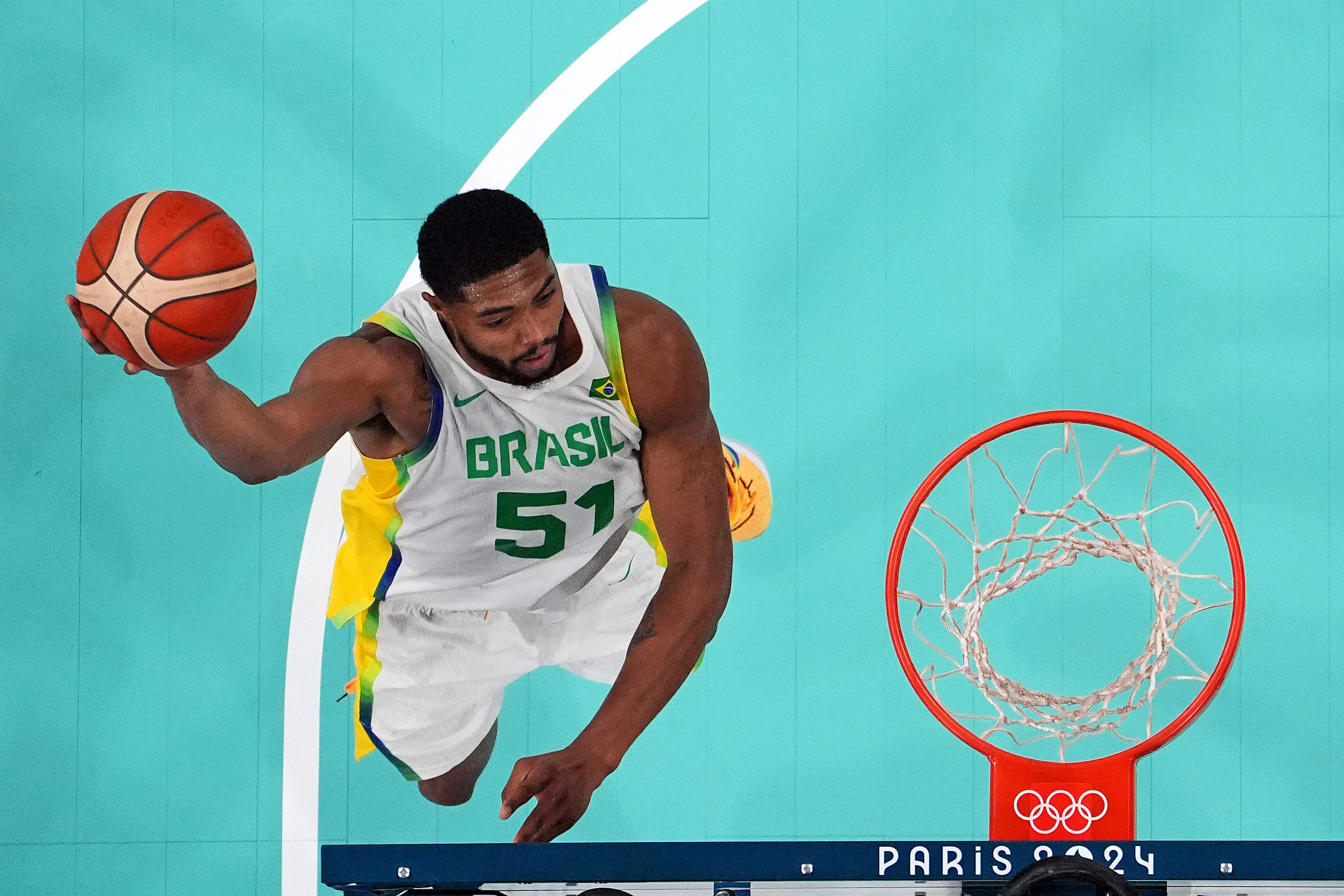 Brazil power forward Bruno Caboclo shoots the ball against Germany during the Paris 2024 Olympic Summer Games. Photo Credit: Imagn