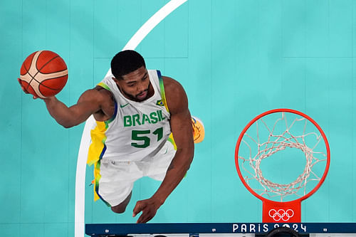 Brazil power forward Bruno Caboclo shoots the ball against Germany during the Paris 2024 Olympic Summer Games. Photo Credit: Imagn