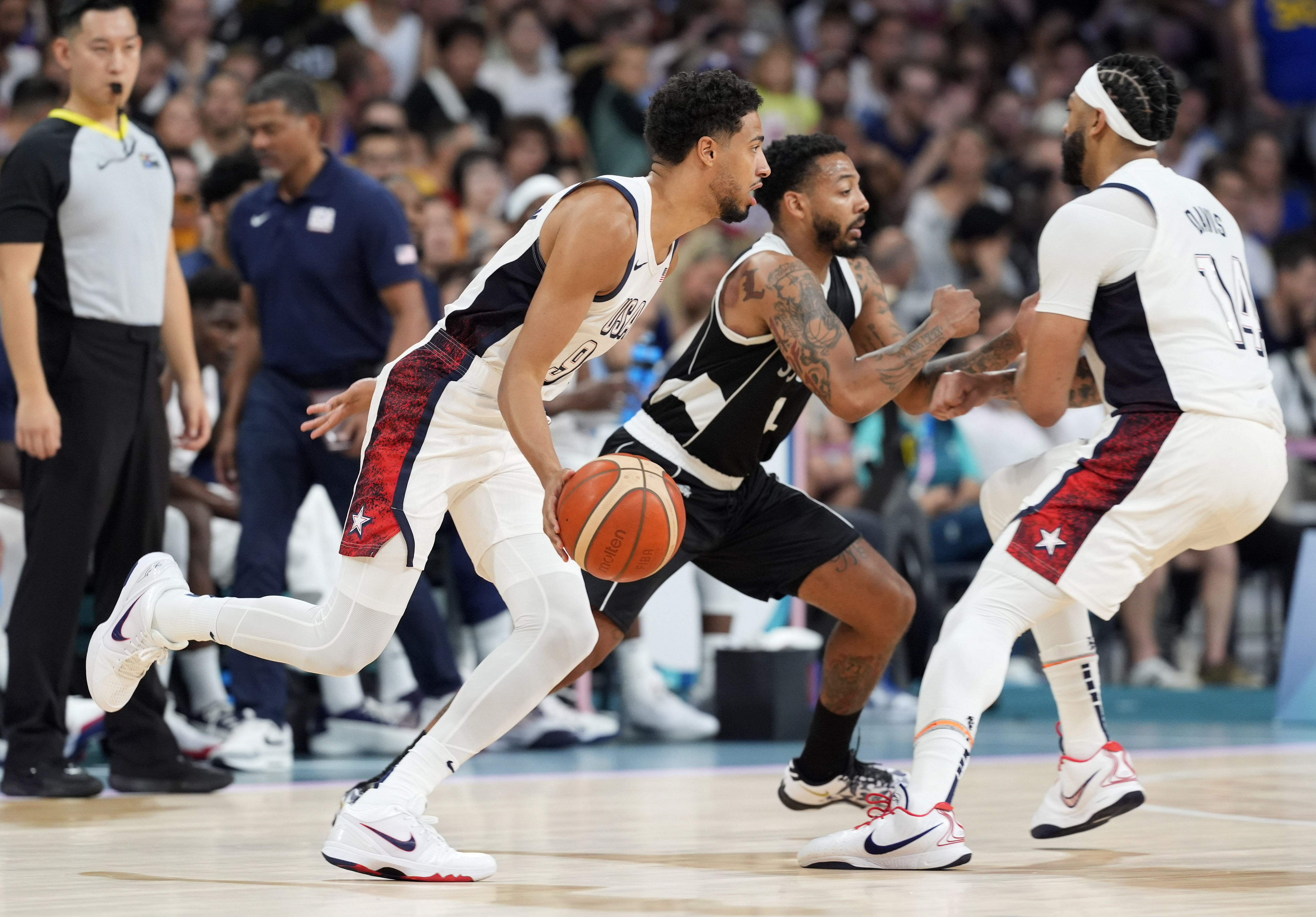 United States guard Tyrese Haliburton drives against South Sudan during the Paris 2024 Olympic Summer Games. Photo Credit: Imagn