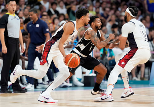 United States guard Tyrese Haliburton drives against South Sudan during the Paris 2024 Olympic Summer Games. Photo Credit: Imagn