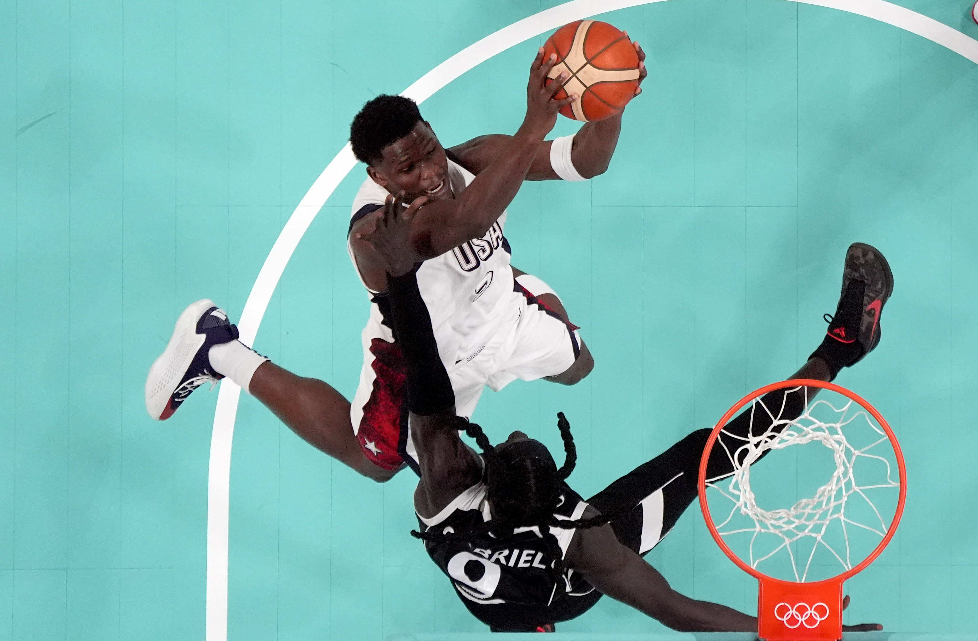 Team USA&#039;s Anthony Edwards goes up for a shot against South Sudan in the 2024 Paris Olympics. Source: Imagn