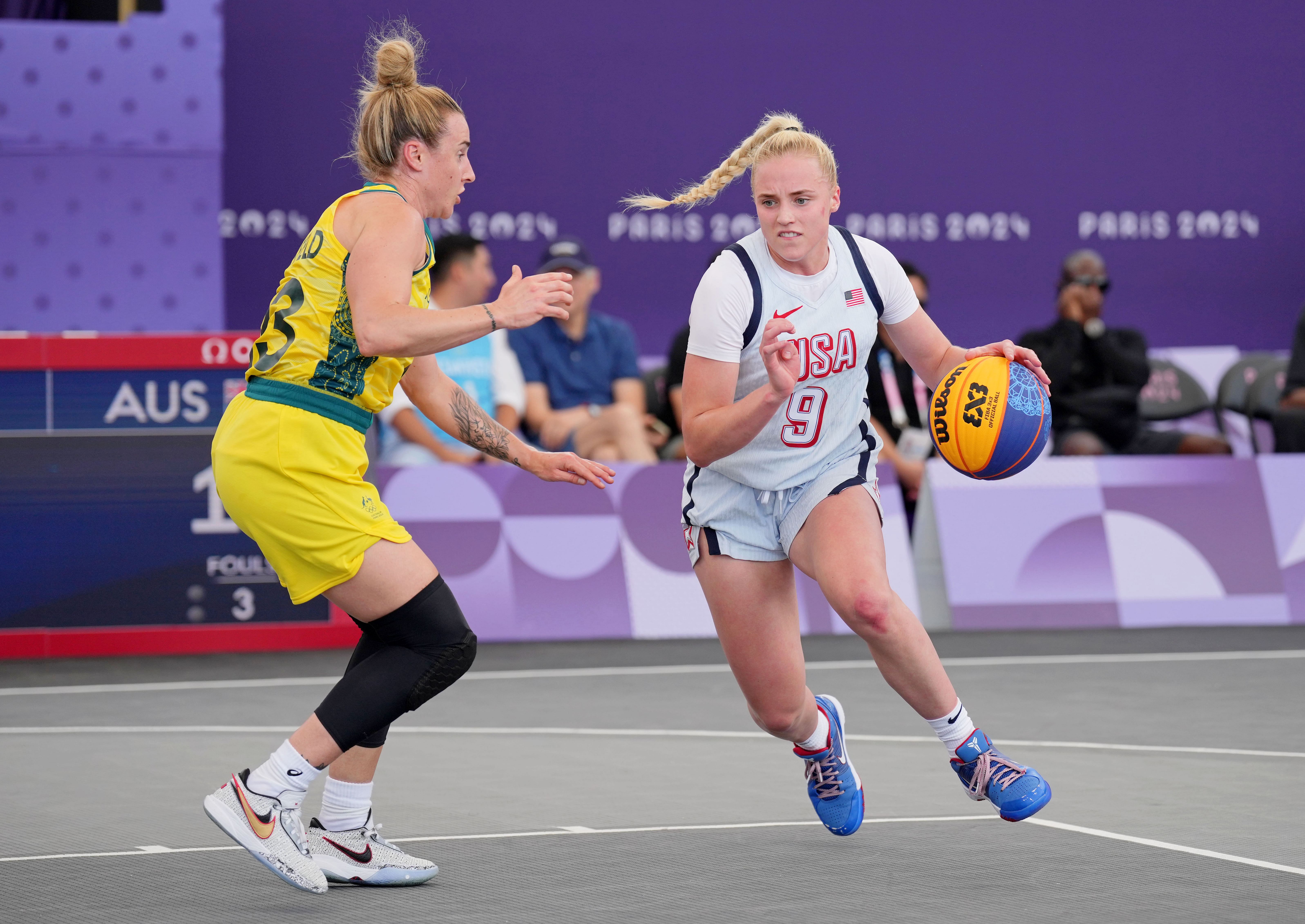 Hailey Van Lith (R) in action for Team USA vs. Australia at the 2024 Paris Olympics (Source: Imagn)