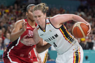 Belgium power forward Emma Meesseman controls the ball against the United States at the Olympics women's basketball tournament. Photo Credit: Imagn