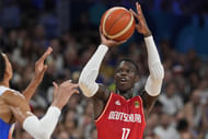 Germany point guard Dennis Schroder shoots against France at the Paris 2024 Olympic Summer Games at Stade Pierre-Mauroy. Photo Credit: Imagn