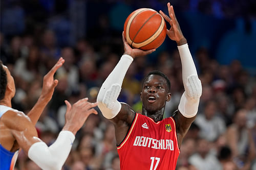 Germany point guard Dennis Schroder shoots against France at the Paris 2024 Olympic Summer Games at Stade Pierre-Mauroy. Photo Credit: Imagn