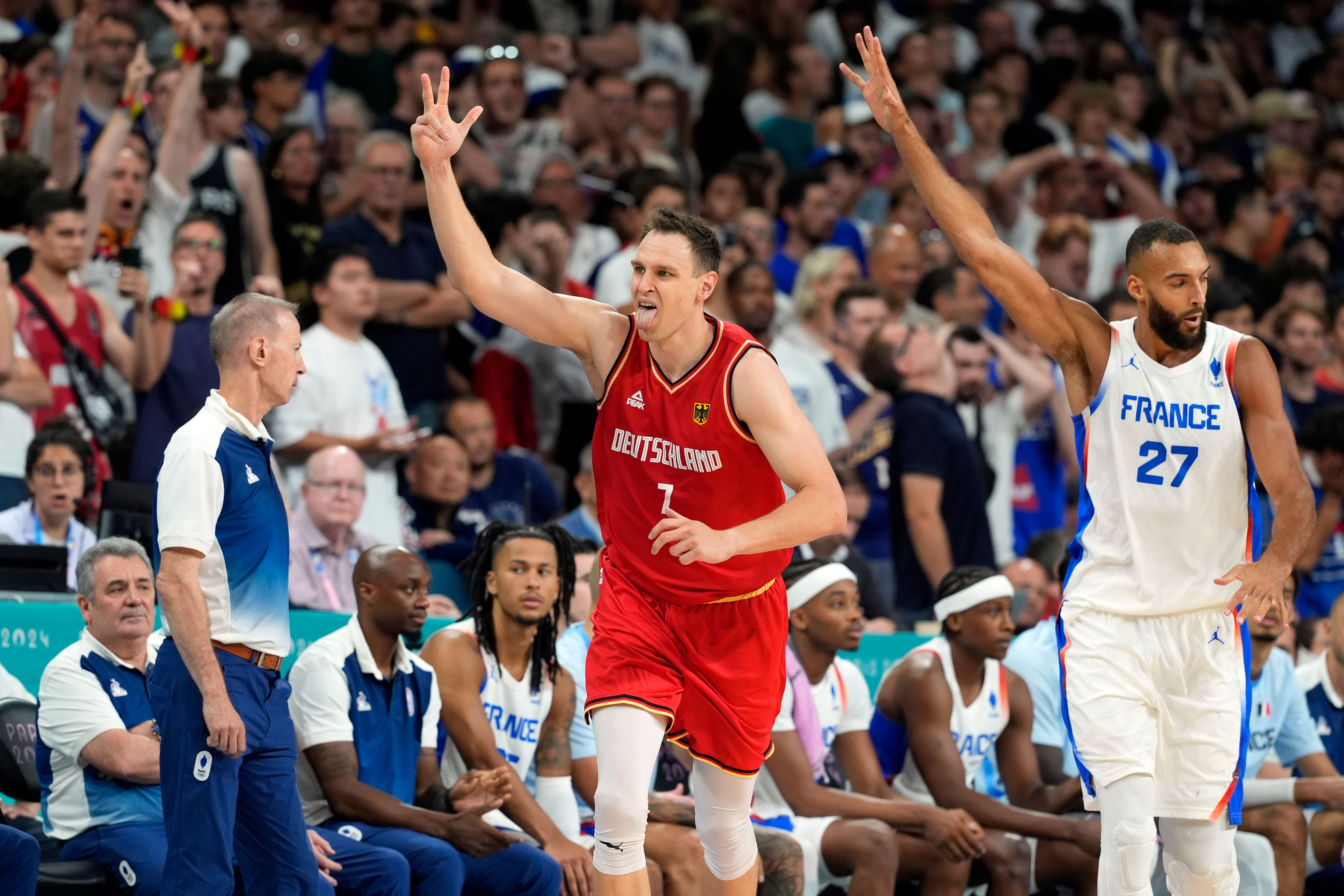 Germany forward Moritz Wagner celebrates after a three point shot against France at Olympics men&#039;s basketball event at Stade Pierre-Mauroy. Photo Credit: Imagn