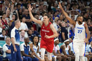 Germany forward Moritz Wagner celebrates after a three point shot against France at Olympics men's basketball event at Stade Pierre-Mauroy. Photo Credit: Imagn