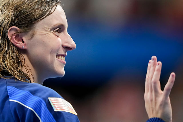 Aug 3, 2024; Nanterre, France; Katie Ledecky (USA) in the women&rsquo;s 800-meter freestyle medal ceremony during the Paris 2024 Olympic Summer Games at Paris La D&eacute;fense Arena. Mandatory Credit: Grace Hollars-USA TODAY Sports - Source: Imagn