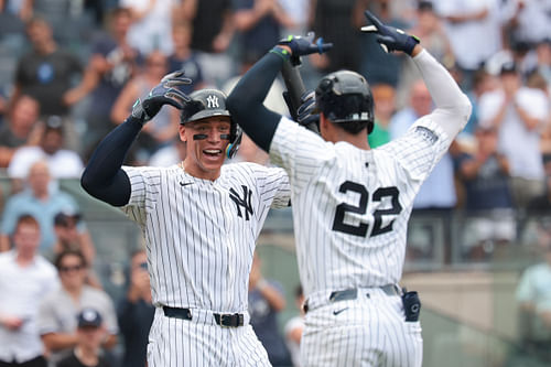 New York Yankees sluggers Aaron Judge and Juan Soto celebrating (Source: Imagn)