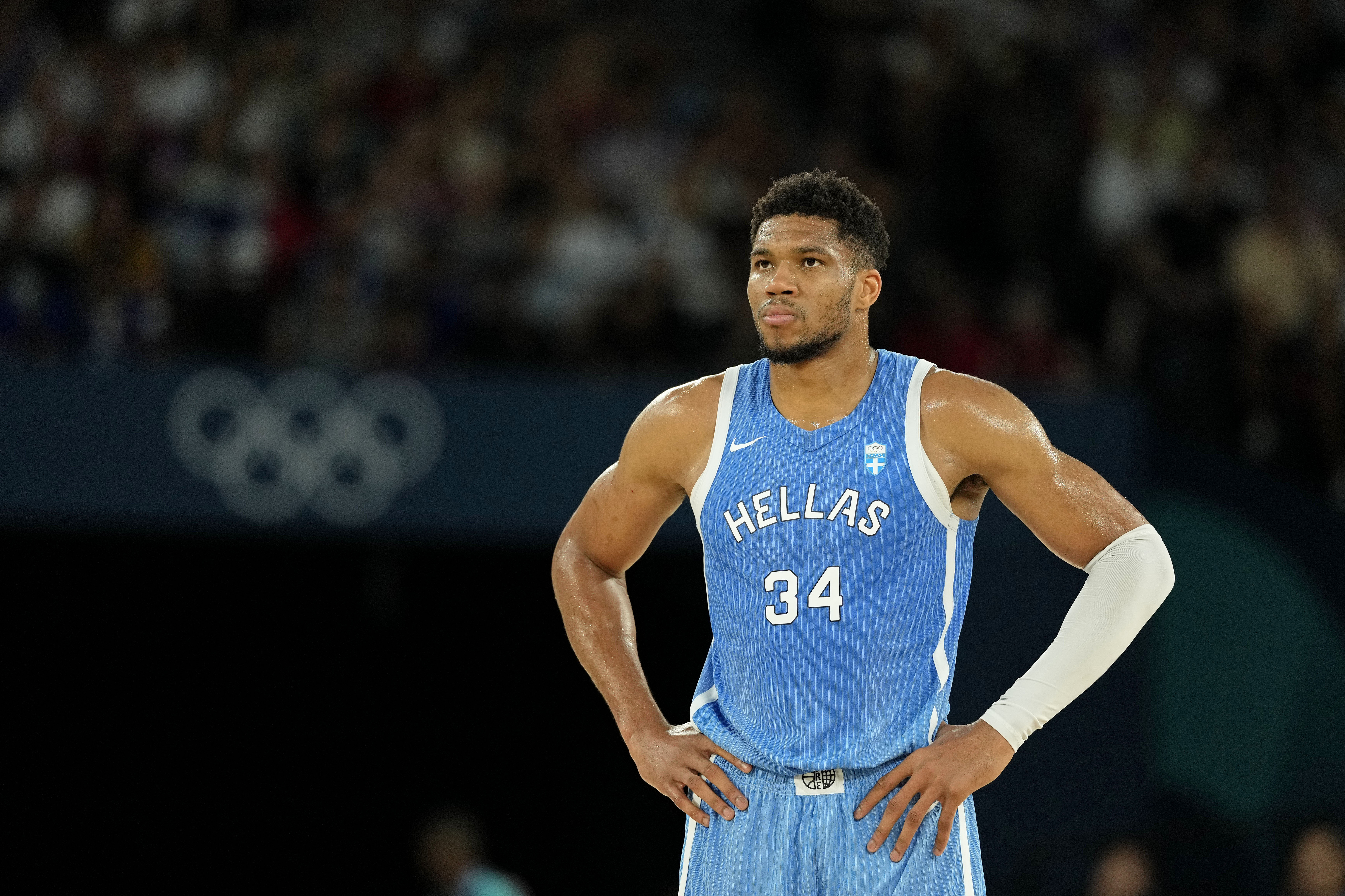 Greece small forward Giannis Antetokounmpo looks on against Germany during the Paris 2024 Olympic Summer Games. Photo Credit: Imagn