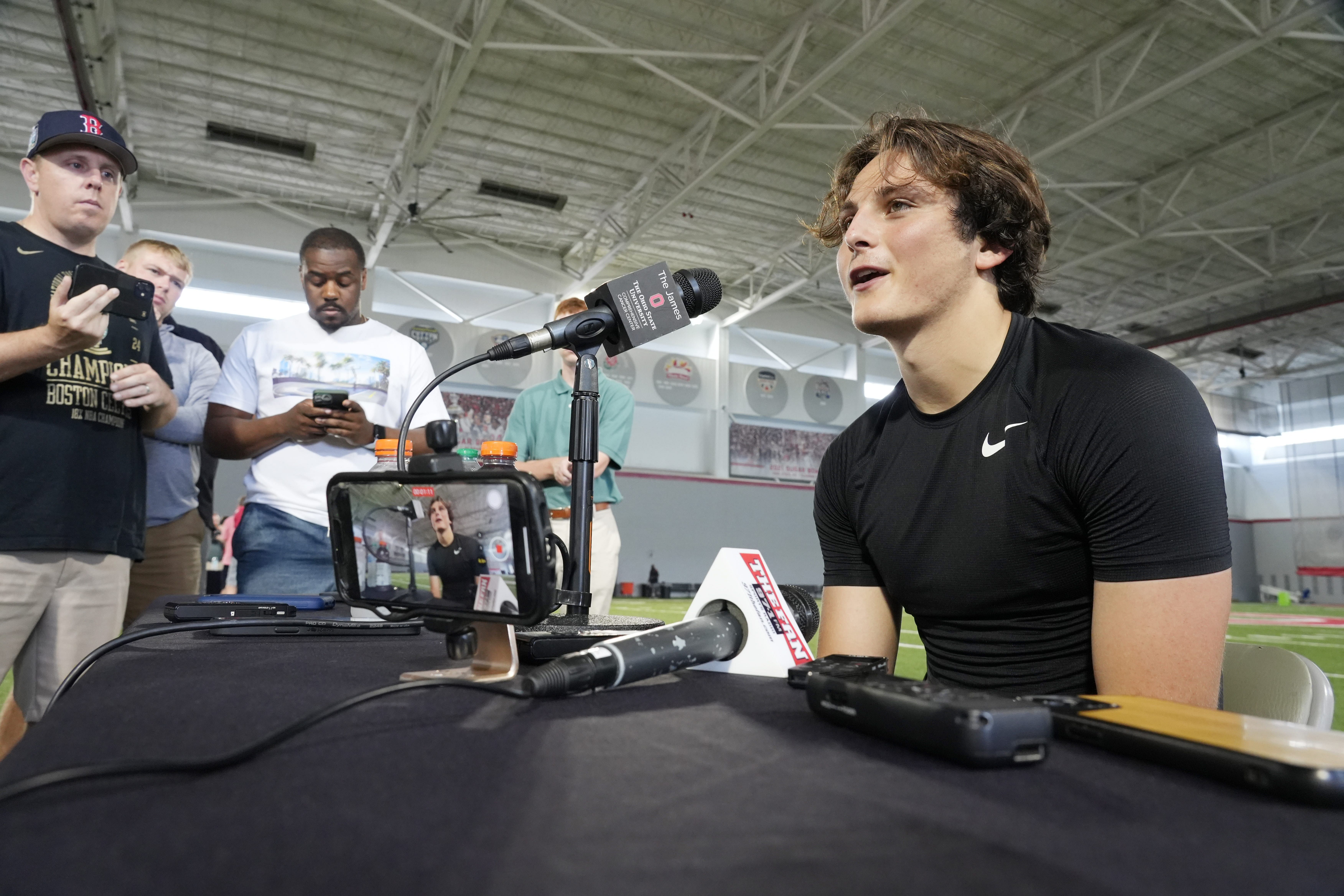 Ohio State QB Julian Sayin addressing the media at the team&#039;s preseason camp (Source: Imagn)