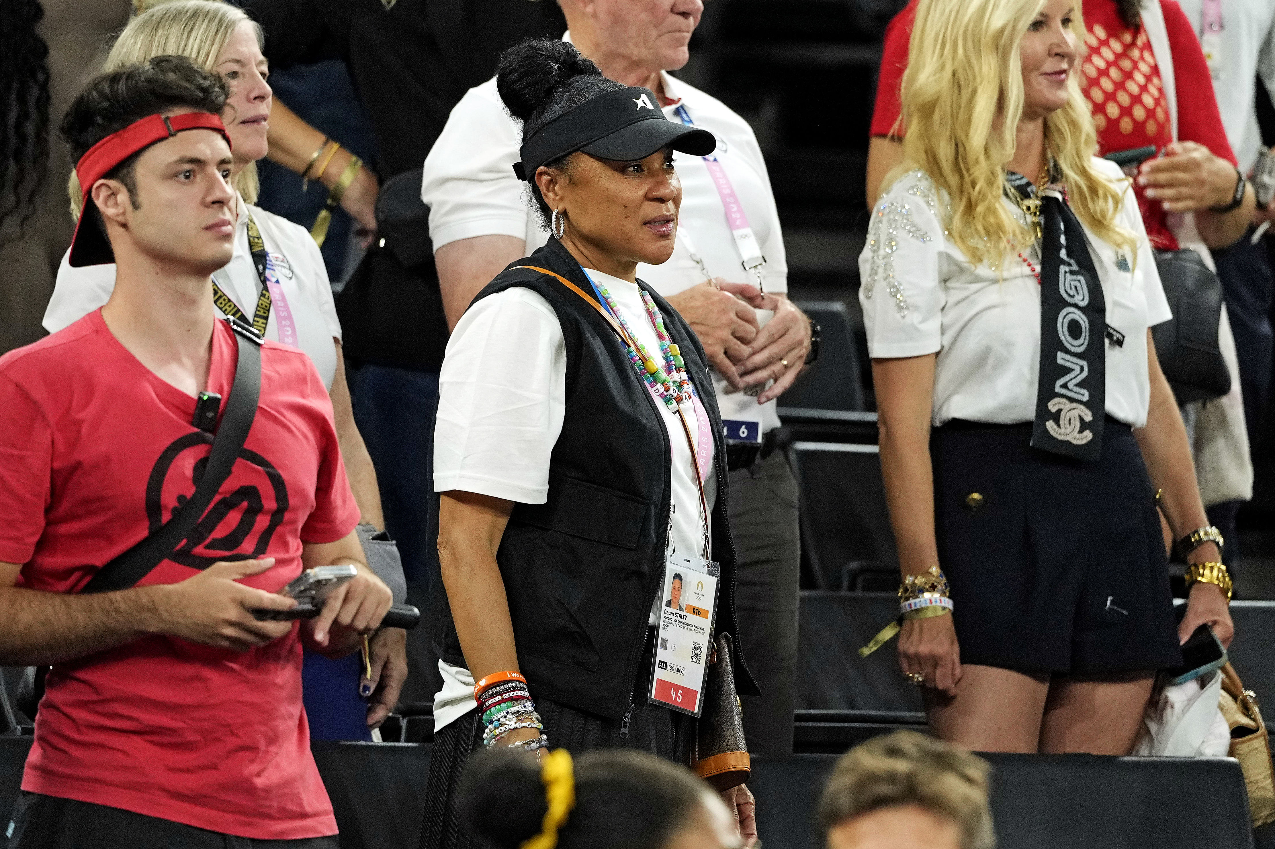 South Carolina Gamecocks head coach Dawn Staley watches the game between the United States and Nigeria in the women&rsquo;s basketball quarterfinals during the Paris 2024 Olympic - Source: Imagn