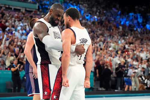 LeBron James and Stephen Curry celebrate after the game against Serbia at the Paris 2024 Olympic Summer Games. Photo Credit: Imagn