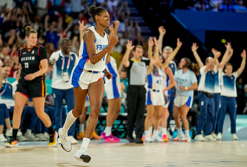 France small forward Valeriane Ayayi reacts during a game at the Paris 2024 Olympic Summer Games. Photo Credit: Imagn