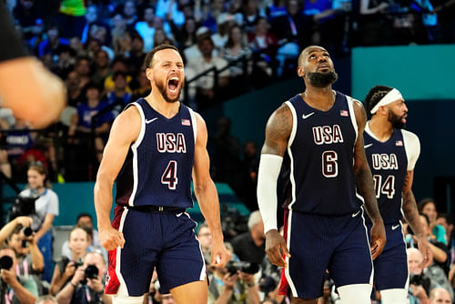 USA's Stephen Curry and LeBron James react during the men's basketball gold medal game at the Paris 2024 Olympics (Credits: IMAGN)