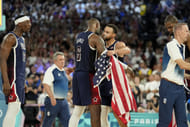 USA shooting guard Stephen Curry and guard LeBron James celebrate after defeating France in the Paris 2024 Olympic Summer Games. Photo Credit: Imagn