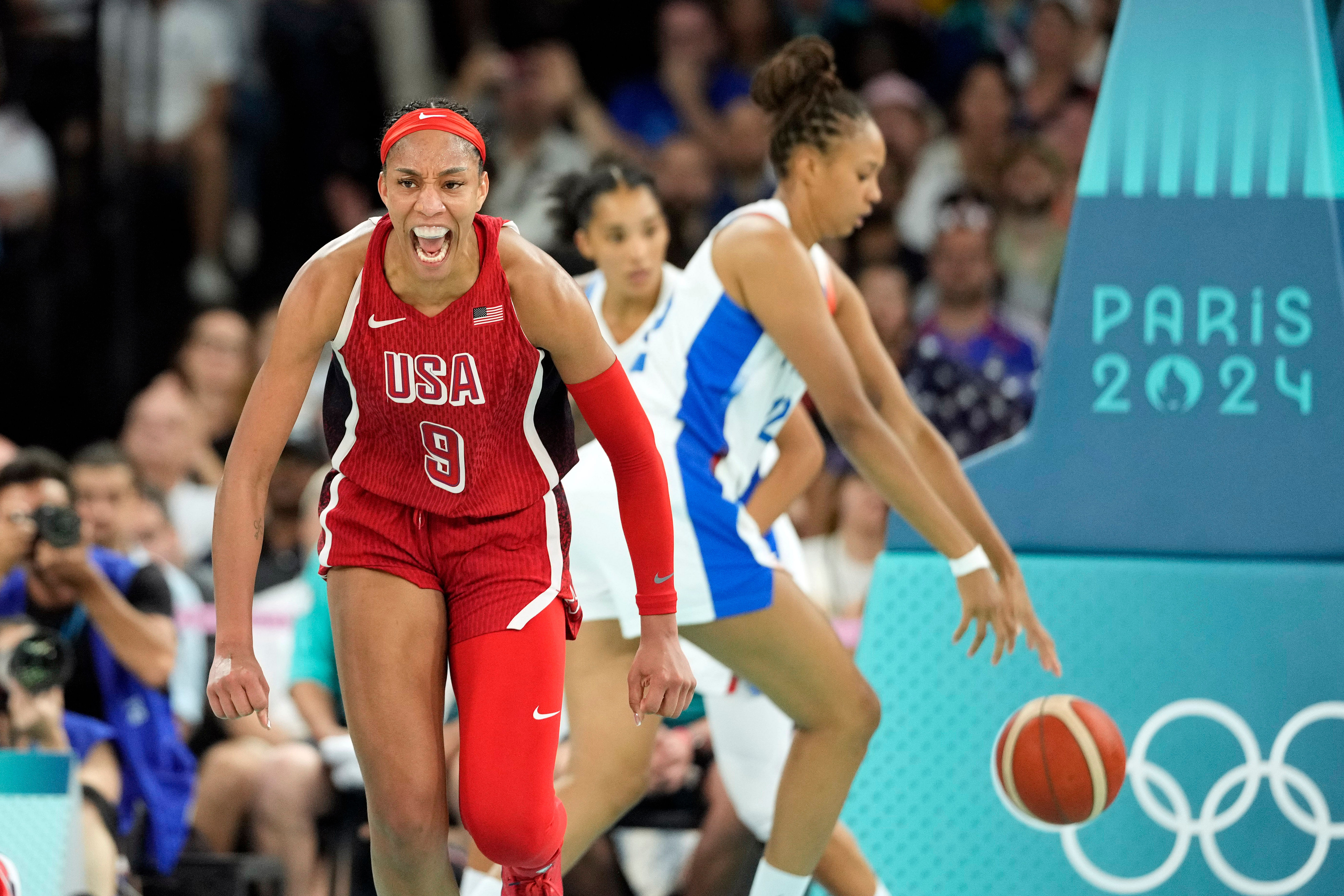 Wilson reacts against France in the women's gold medal game during the Paris 2024 Olympic Summer Games. Photo Credit: Imagn