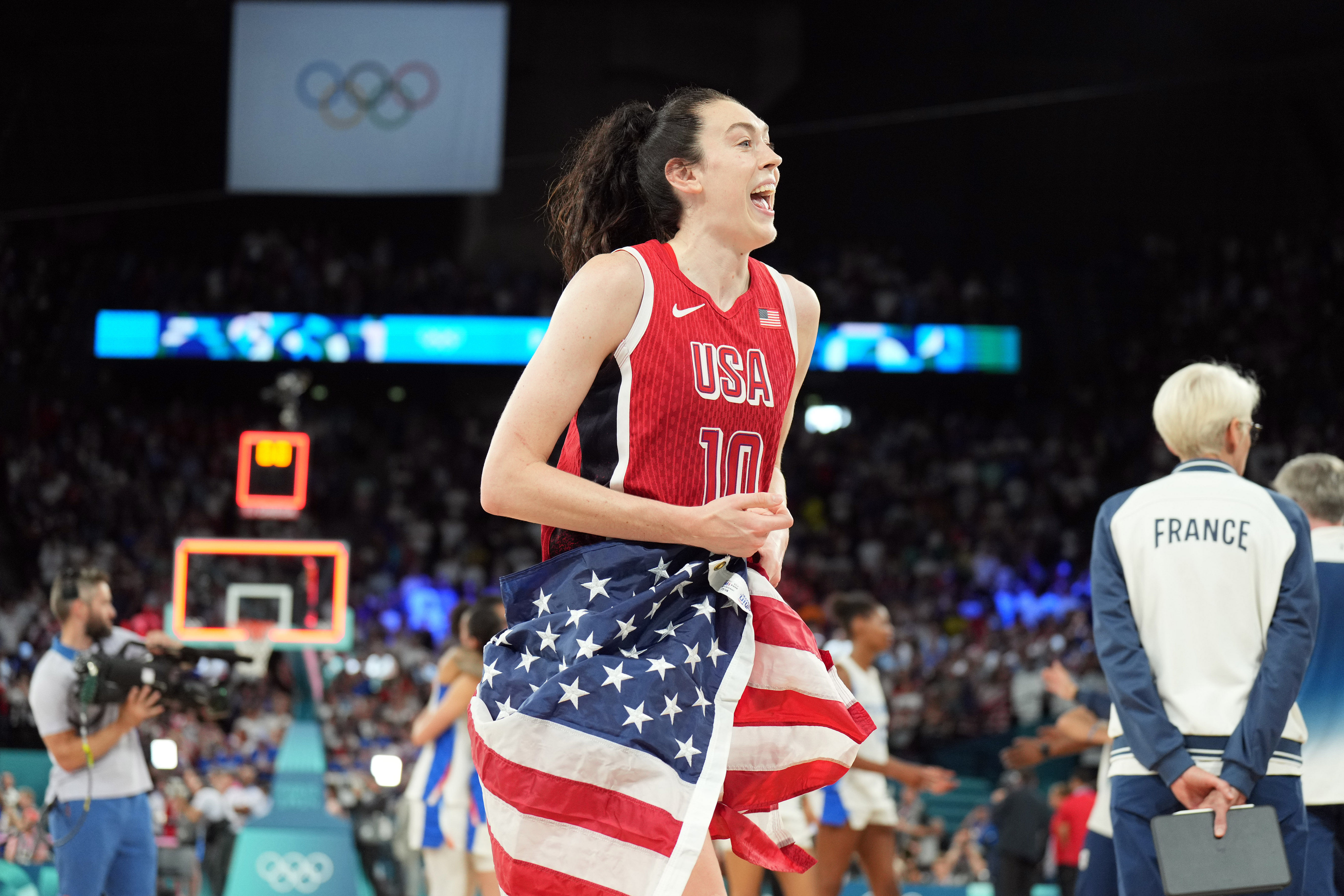 USA power forward Breanna Stewart celebrates after defeating France in the women&#039;s gold medal game at the Paris 2024 Olympics. Photo Credit: Imagn