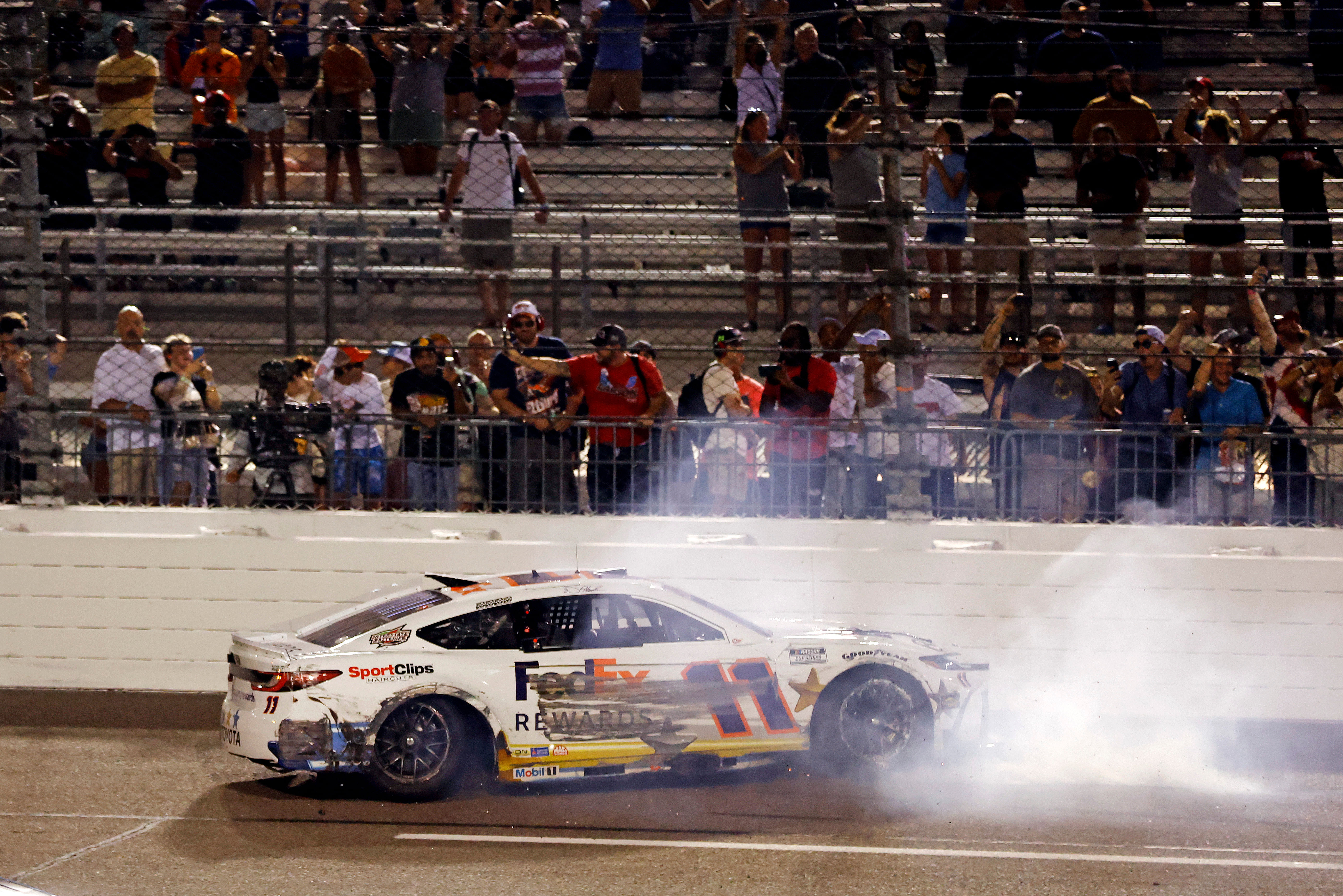 Denny Hamlin (11) wrecks after the finish of the race during the Cook Out 400 at Richmond Raceway. (Source: Imagn)