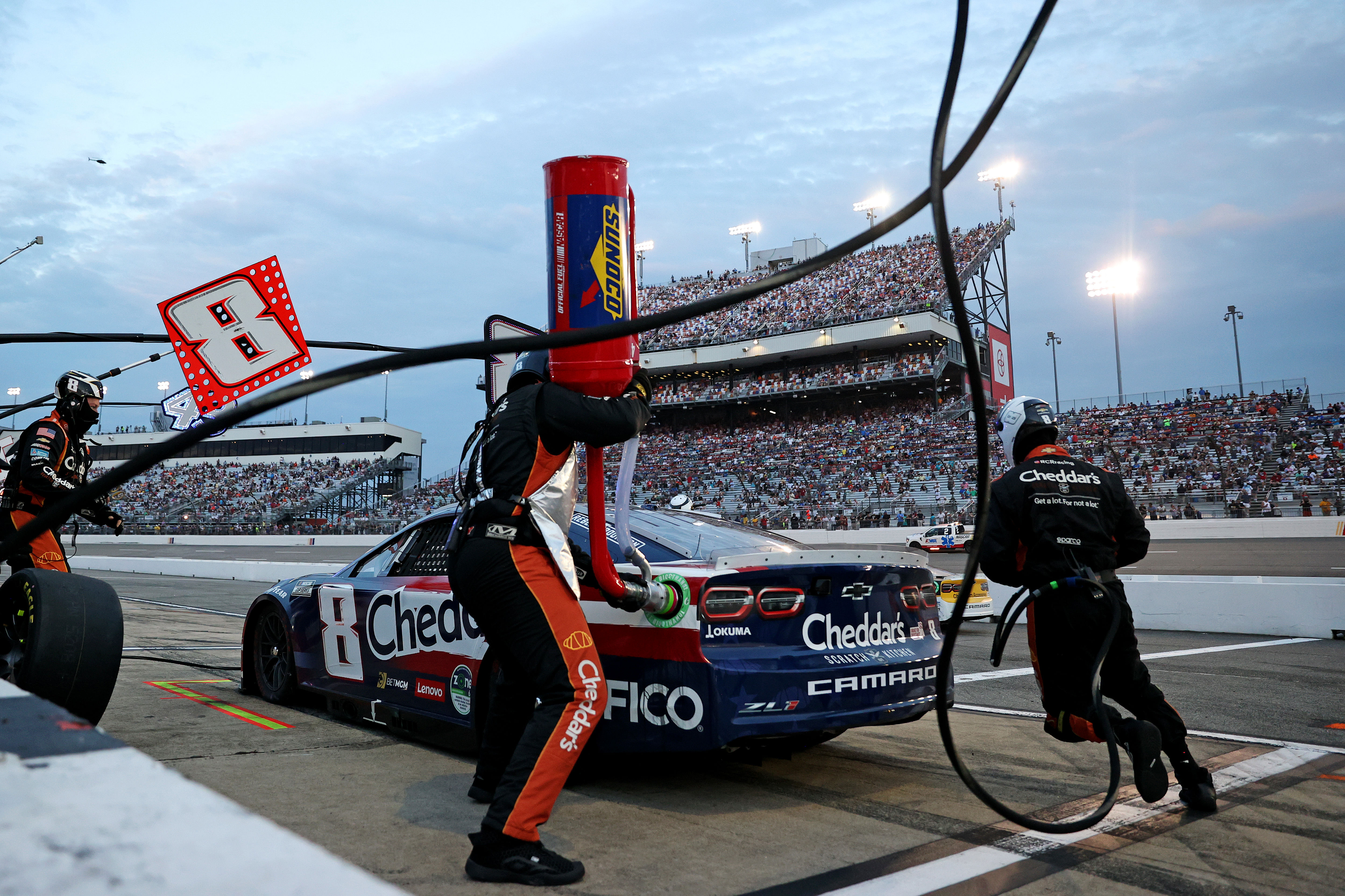 NASCAR Cup Series driver Kyle Busch (8) makes a pit stop during the Cook Out 400 at Richmond Raceway. Mandatory Credit: Peter Casey-USA TODAY Sports. Source: Imagn