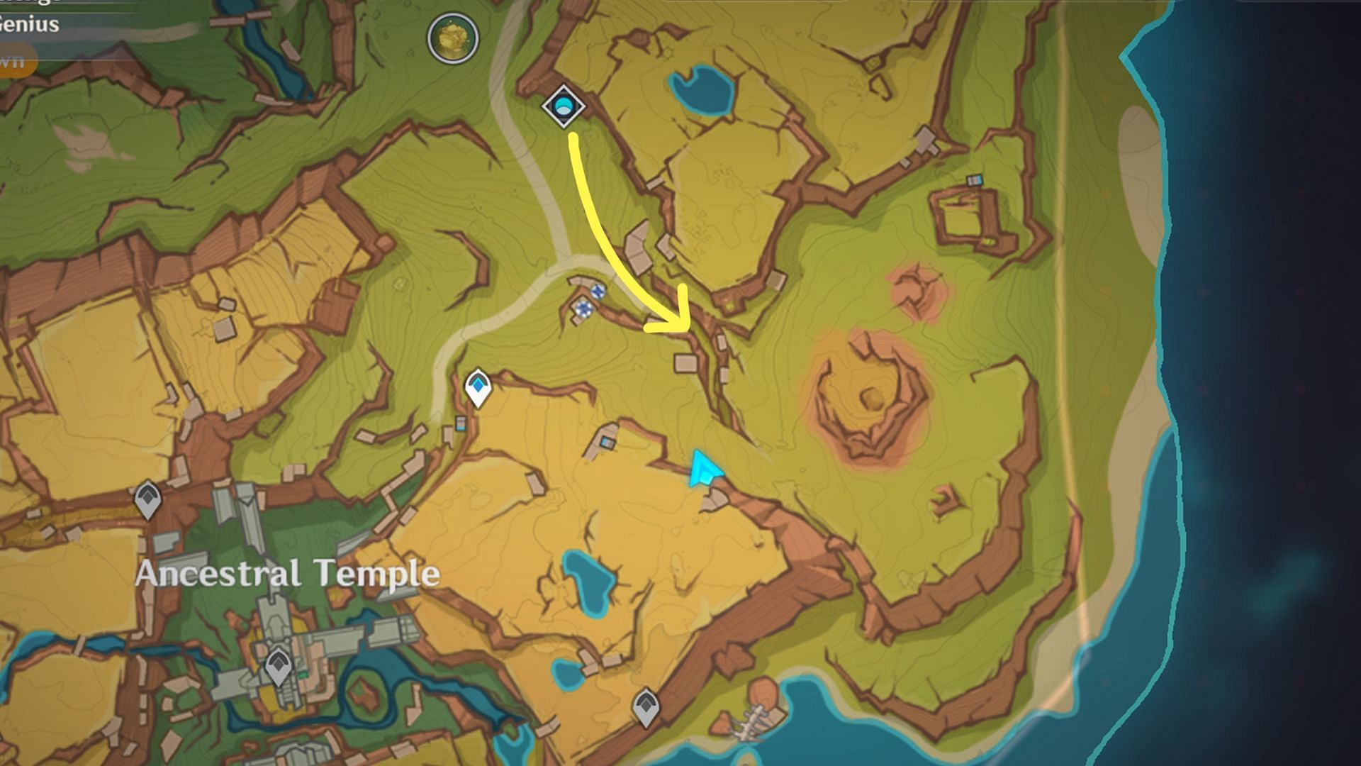 Enter the necessary area through the cave marked in the map (Image via HoYoverse)