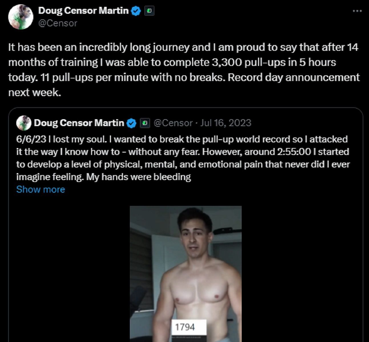 Censor had previously pulled off a personal best in pull-ups (Image via X/Censor)