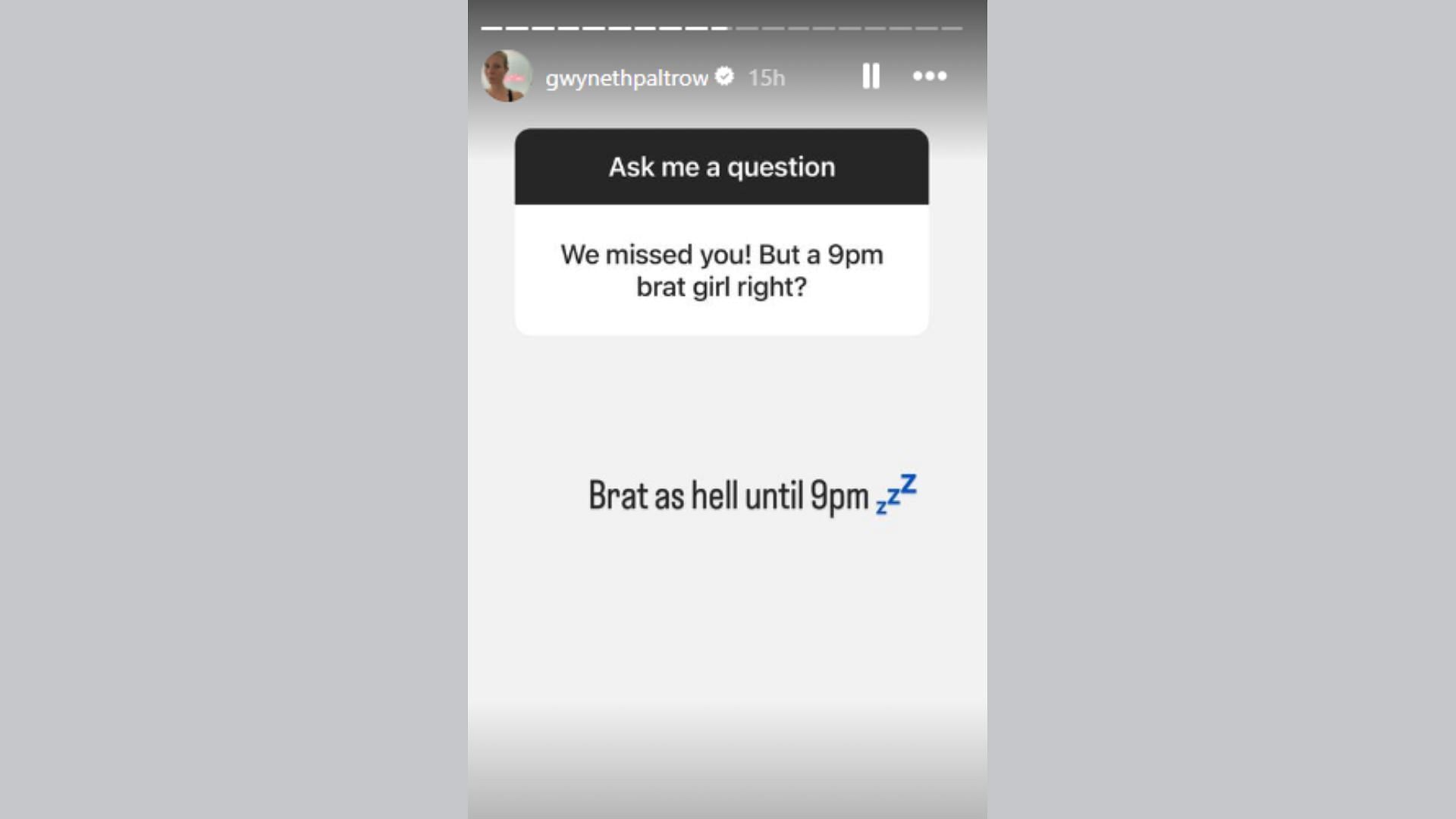 Gwyneth Paltrow replies that she is Brat as hell until 9 pm. Image via Instagram @gwynethpaltrow